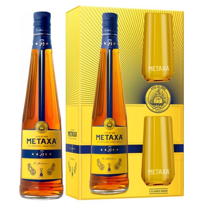 Metaxa 5* 0,7l 38% + 2 poháre v kartóne