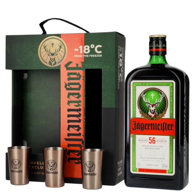 Jägermeister 1,0l 35% + 3 poháre v kartóne