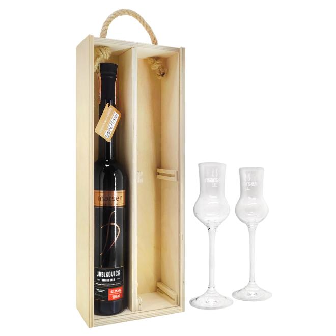 Marsen Jablkovica odroda Gala 0,5l 42,3% + 2 poháre v drevenej truhlici