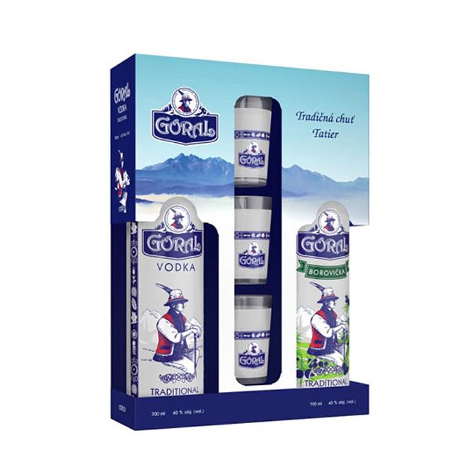 Goral sada 2x 0,7l 40% (borovička a vodka) + 3 poháre v kazete