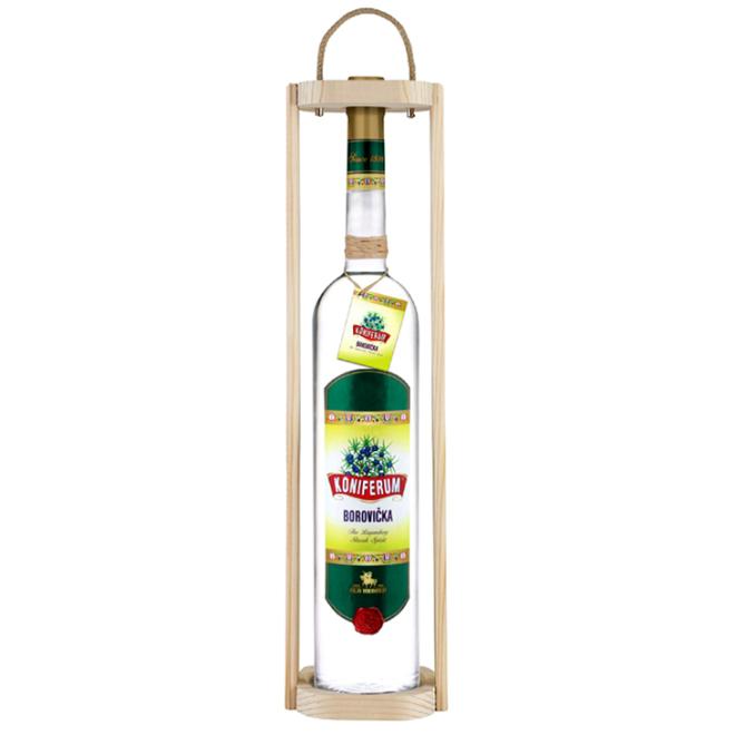 Koniferum Borovička 1,5l 37,5% + drevená kazeta