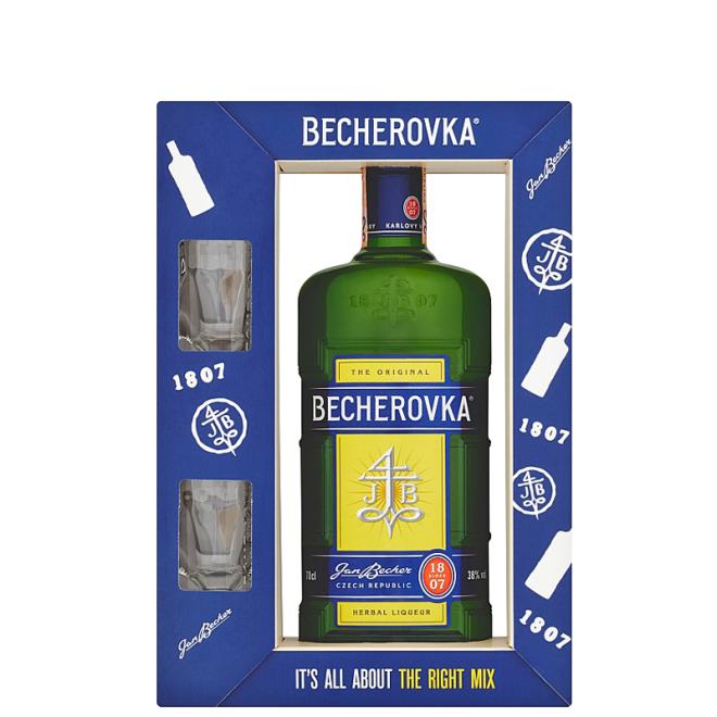 Becherovka 0,7l 38% kazeta + 2 poháre v kartóne